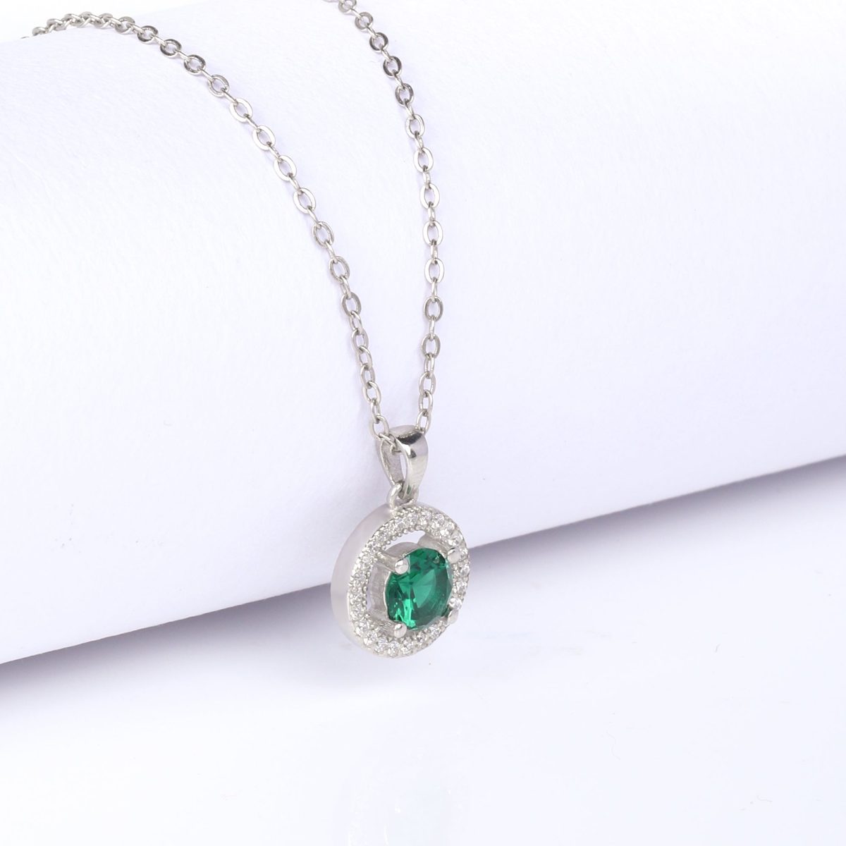 Silver Forest Green Shining Halo Pendant With Link Chain - Image 4