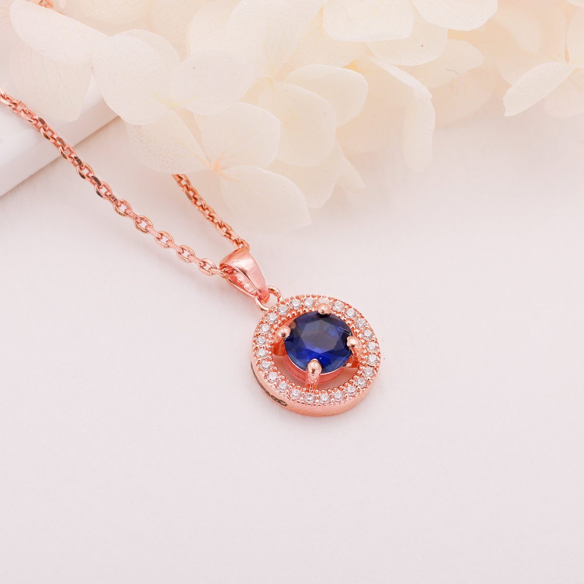 Rose Gold Blue Velvet Pendant With Link Chain - Image 2
